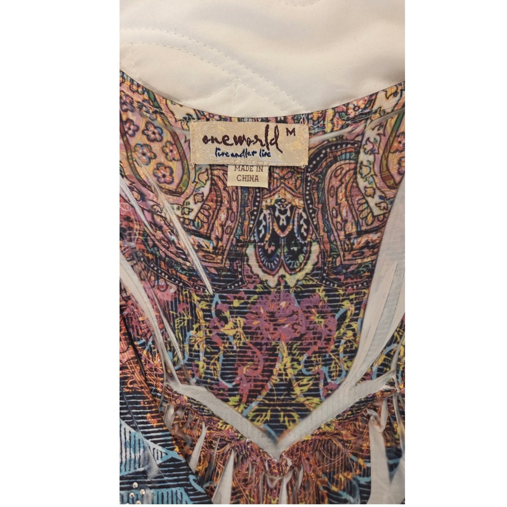 One World Paisley Rhinestone V-Neck  Dress‎ Blue Medium Boho Hippie Festival - Picture 2 of 10